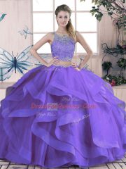 Spectacular Purple Scoop Neckline Beading and Ruffles Quinceanera Dresses Sleeveless Lace Up