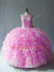 Lilac Organza Lace Up Sweet 16 Dress Sleeveless Floor Length Beading and Ruffles