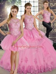 Rose Pink Scoop Neckline Lace and Embroidery and Ruffles 15th Birthday Dress Sleeveless Lace Up