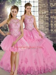 Rose Pink Scoop Neckline Lace and Embroidery and Ruffles 15th Birthday Dress Sleeveless Lace Up