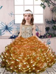 Trendy Organza Scoop Sleeveless Lace Up Beading and Ruffles Child Pageant Dress in Brown