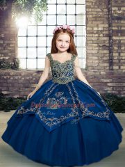 Blue Tulle Lace Up Straps Sleeveless Floor Length High School Pageant Dress Beading and Embroidery