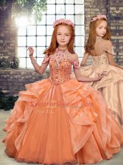Orange Ball Gowns Organza High-neck Sleeveless Beading and Ruffles Floor Length Lace Up Little Girl Pageant Gowns