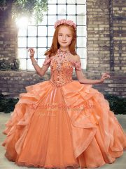 Orange Ball Gowns Organza High-neck Sleeveless Beading and Ruffles Floor Length Lace Up Little Girl Pageant Gowns