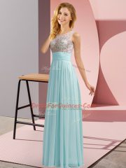 Great Sleeveless Floor Length Beading Side Zipper Damas Dress with Aqua Blue