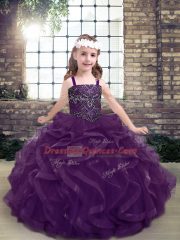 Latest Purple Lace Up Straps Beading and Ruffles Pageant Gowns For Girls Tulle Sleeveless