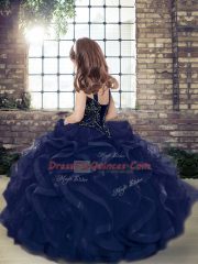 Latest Purple Lace Up Straps Beading and Ruffles Pageant Gowns For Girls Tulle Sleeveless