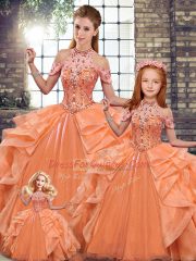 Halter Top Sleeveless Organza Vestidos de Quinceanera Beading and Ruffles Lace Up