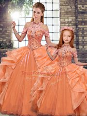 Halter Top Sleeveless Organza Vestidos de Quinceanera Beading and Ruffles Lace Up