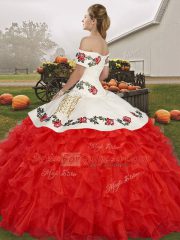 Comfortable Yellow Green Off The Shoulder Lace Up Embroidery and Ruffles Quinceanera Gowns Sleeveless