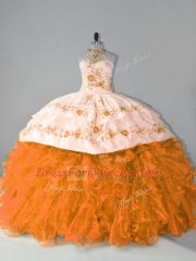 Orange Halter Top Lace Up Embroidery and Ruffles Sweet 16 Quinceanera Dress Court Train Sleeveless