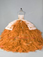 Orange Halter Top Lace Up Embroidery and Ruffles Sweet 16 Quinceanera Dress Court Train Sleeveless