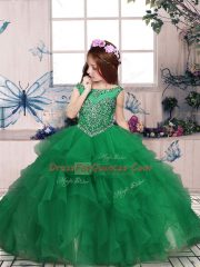 Green Ball Gowns Scoop Sleeveless Organza Floor Length Zipper Beading and Ruffles High School Pageant Dress