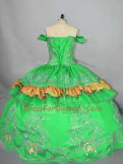 Satin Off The Shoulder Sleeveless Lace Up Embroidery Sweet 16 Quinceanera Dress in Green