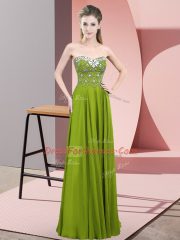 Decent Floor Length Olive Green Prom Gown Chiffon Sleeveless Beading