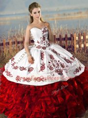 White And Red Organza Lace Up Sweetheart Sleeveless Floor Length Quinceanera Dresses Embroidery and Ruffles