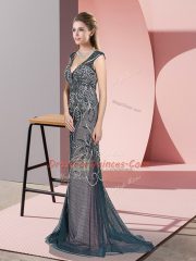 Smart Teal Zipper V-neck Beading Prom Gown Tulle Sleeveless Sweep Train