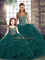 Flare Peacock Green Sleeveless Floor Length Beading and Ruffles Lace Up Sweet 16 Dresses