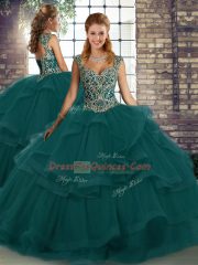 Flare Peacock Green Sleeveless Floor Length Beading and Ruffles Lace Up Sweet 16 Dresses