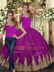 Fuchsia Two Pieces Halter Top Sleeveless Tulle Floor Length Lace Up Embroidery Sweet 16 Dress