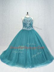 Teal Lace Up Scoop Beading Quinceanera Dress Tulle Sleeveless Brush Train