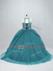Teal Lace Up Scoop Beading Quinceanera Dress Tulle Sleeveless Brush Train