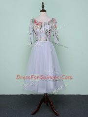Knee Length Grey Quinceanera Dama Dress Tulle Half Sleeves Embroidery