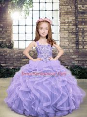 Lavender Ball Gowns Straps Sleeveless Tulle Floor Length Lace Up Beading and Ruffles Child Pageant Dress