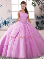 Fantastic Lilac Ball Gowns Off The Shoulder Sleeveless Tulle Brush Train Lace Up Beading Quince Ball Gowns