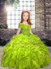 Nice Olive Green Organza Lace Up Kids Formal Wear Sleeveless Floor Length Beading