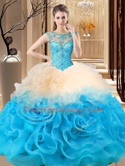 Fabric With Rolling Flowers Sleeveless Floor Length 15 Quinceanera Dress and Beading and Ruffles