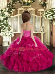 Adorable Floor Length Rust Red Girls Pageant Dresses Halter Top Sleeveless Lace Up