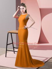 Short Sleeves Brush Train Beading Backless Evening Dress