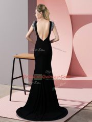 Short Sleeves Brush Train Beading Backless Evening Dress