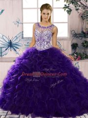 Sleeveless Organza Floor Length Lace Up 15th Birthday Dress in Purple with Beading and Ruffles