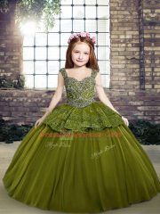 Inexpensive Floor Length Sleeveless Olive Green Little Girls Pageant Dress Wholesale Lace Up