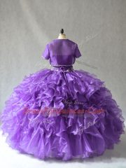 Purple Lace Up Strapless Beading and Ruffles 15 Quinceanera Dress Taffeta Sleeveless