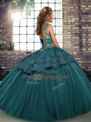 Floor Length Lace Up 15th Birthday Dress Green for Military Ball and Sweet 16 and Quinceanera with Beading and Appliques