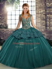 Floor Length Lace Up 15th Birthday Dress Green for Military Ball and Sweet 16 and Quinceanera with Beading and Appliques