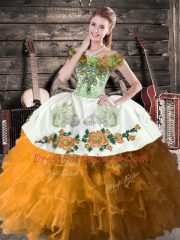 Attractive Brown Ball Gowns Embroidery and Ruffles Ball Gown Prom Dress Lace Up Organza Sleeveless Floor Length