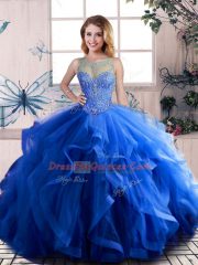 Royal Blue Ball Gowns Tulle Scoop Sleeveless Beading and Ruffles Floor Length Lace Up Ball Gown Prom Dress