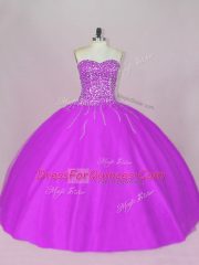 Elegant Sleeveless Floor Length Beading Lace Up 15th Birthday Dress with Purple