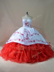 Fabulous Sweetheart Sleeveless Court Train Lace Up Sweet 16 Quinceanera Dress White And Red Satin and Organza