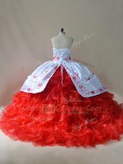 Fabulous Sweetheart Sleeveless Court Train Lace Up Sweet 16 Quinceanera Dress White And Red Satin and Organza