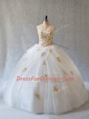 Fashionable Sleeveless Tulle Brush Train Lace Up Sweet 16 Quinceanera Dress in White with Appliques