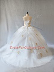 Fashionable Sleeveless Tulle Brush Train Lace Up Sweet 16 Quinceanera Dress in White with Appliques
