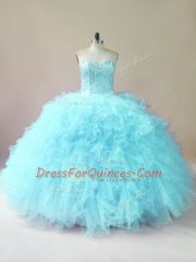 Fancy Sleeveless Floor Length Beading and Ruffles Lace Up Quinceanera Dress with Aqua Blue