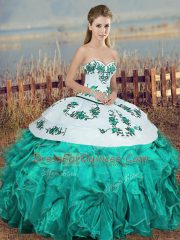 Sleeveless Floor Length Embroidery and Ruffles and Bowknot Lace Up Quinceanera Gowns with Turquoise