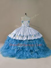 Unique Sleeveless Organza Floor Length Lace Up Quince Ball Gowns in Blue with Embroidery and Ruffles