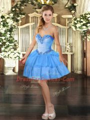 Baby Blue Organza Lace Up Sweetheart Sleeveless Mini Length Prom Evening Gown Beading and Ruffled Layers